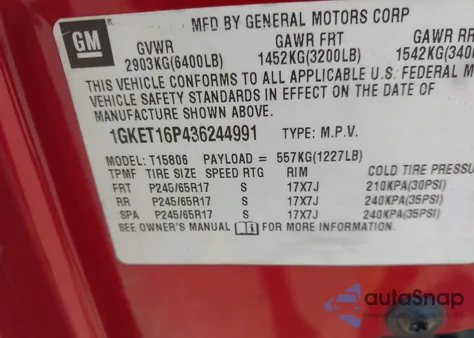 2003 GMC Envoy Xl Slt из США, поврежденный, VIN 1GKET16P436244991